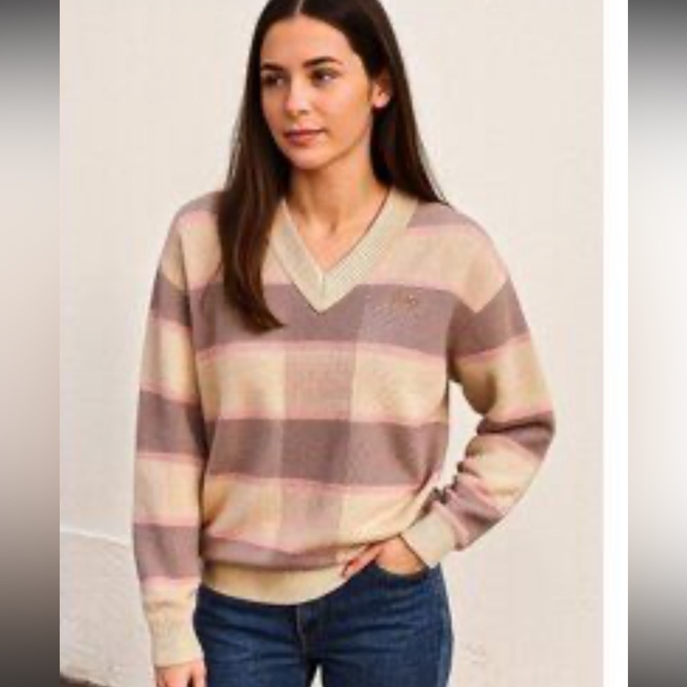 Vans Plaid Knit Sweater Women’s Medium Cream Pink V-Neck Cotton Pullover Fall I